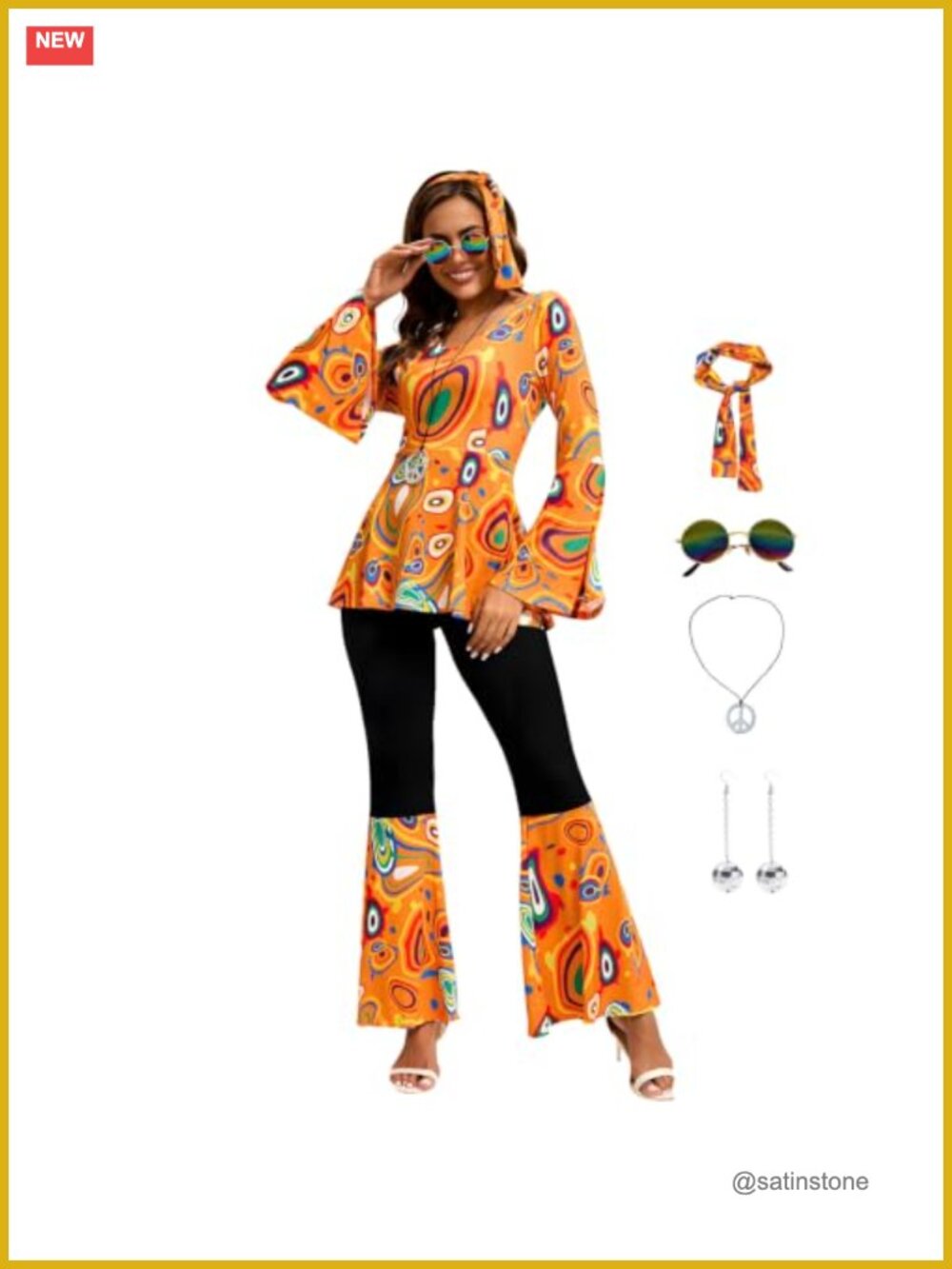 70s Disco Costume Set Women Hippy Outfit Cosplay Polyester 6-Piece